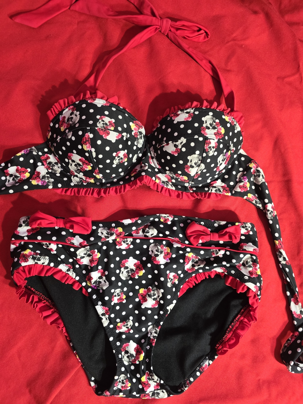 Black Floral Polka Dot Ruffled Bikini Set with Pink Accents